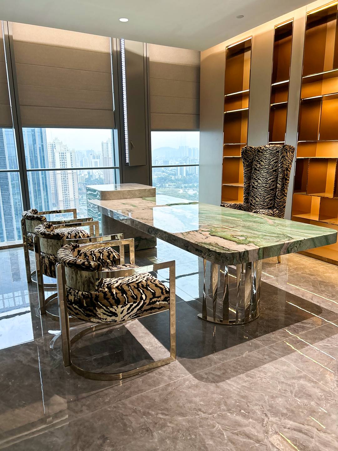 Meeting room — quartzite table on a faceted steel base