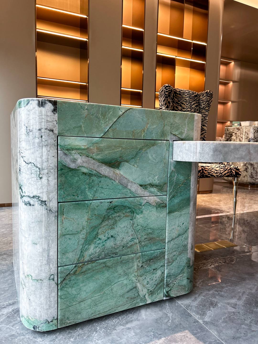 Quartzite drawer unit — book-matched across every face