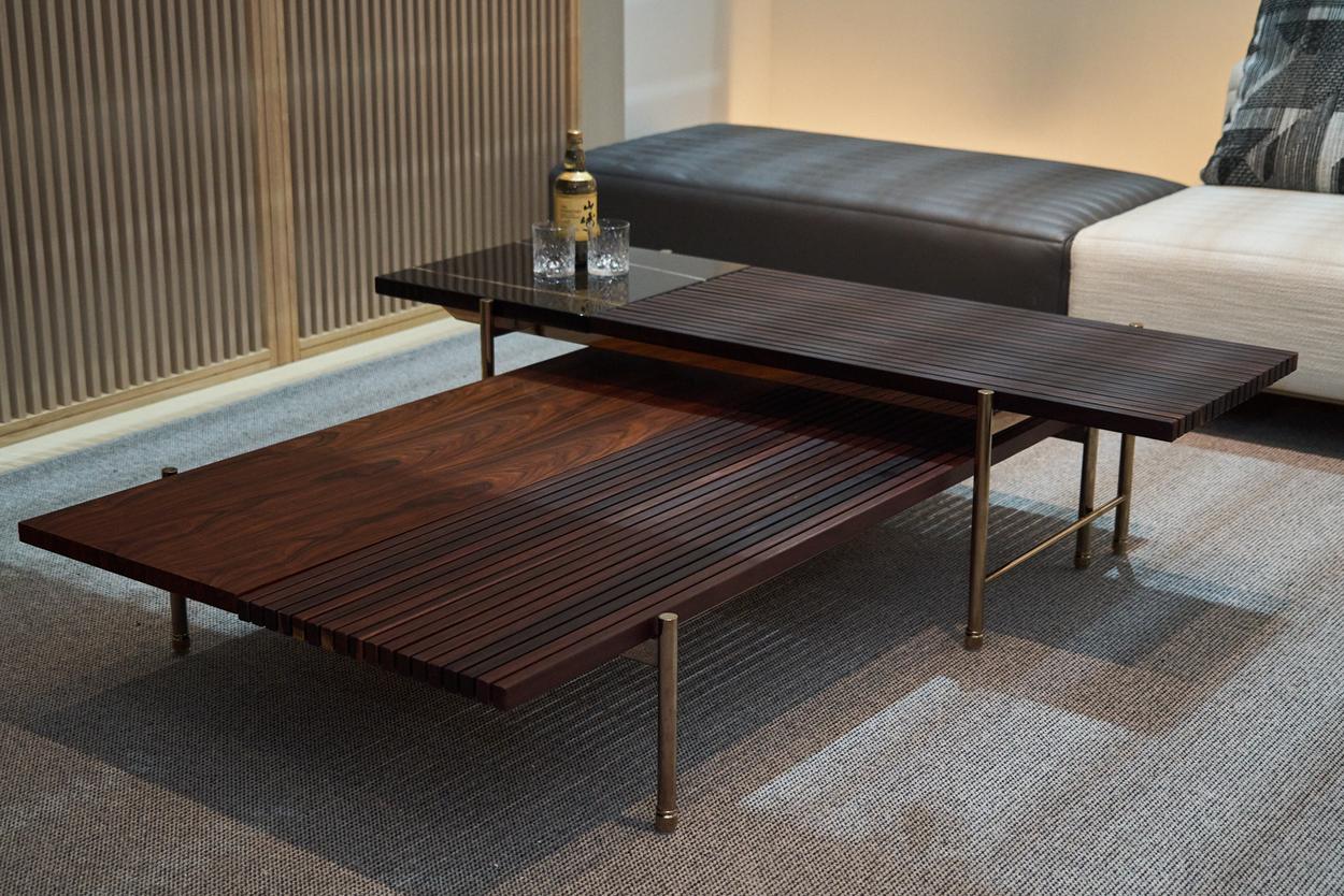 Slatted walnut coffee table with brass legs