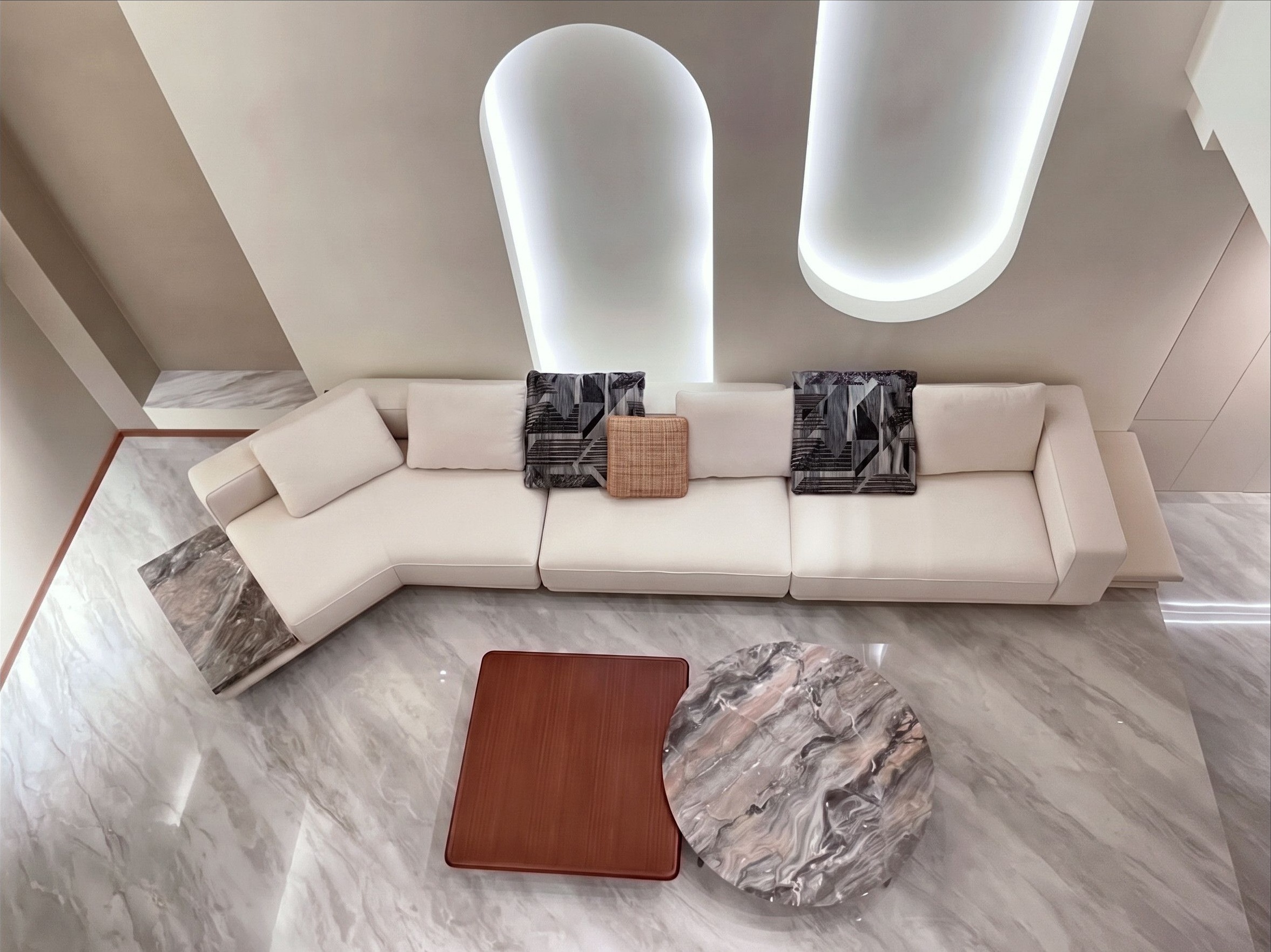 Entrance console in polished brass and book-matched marble