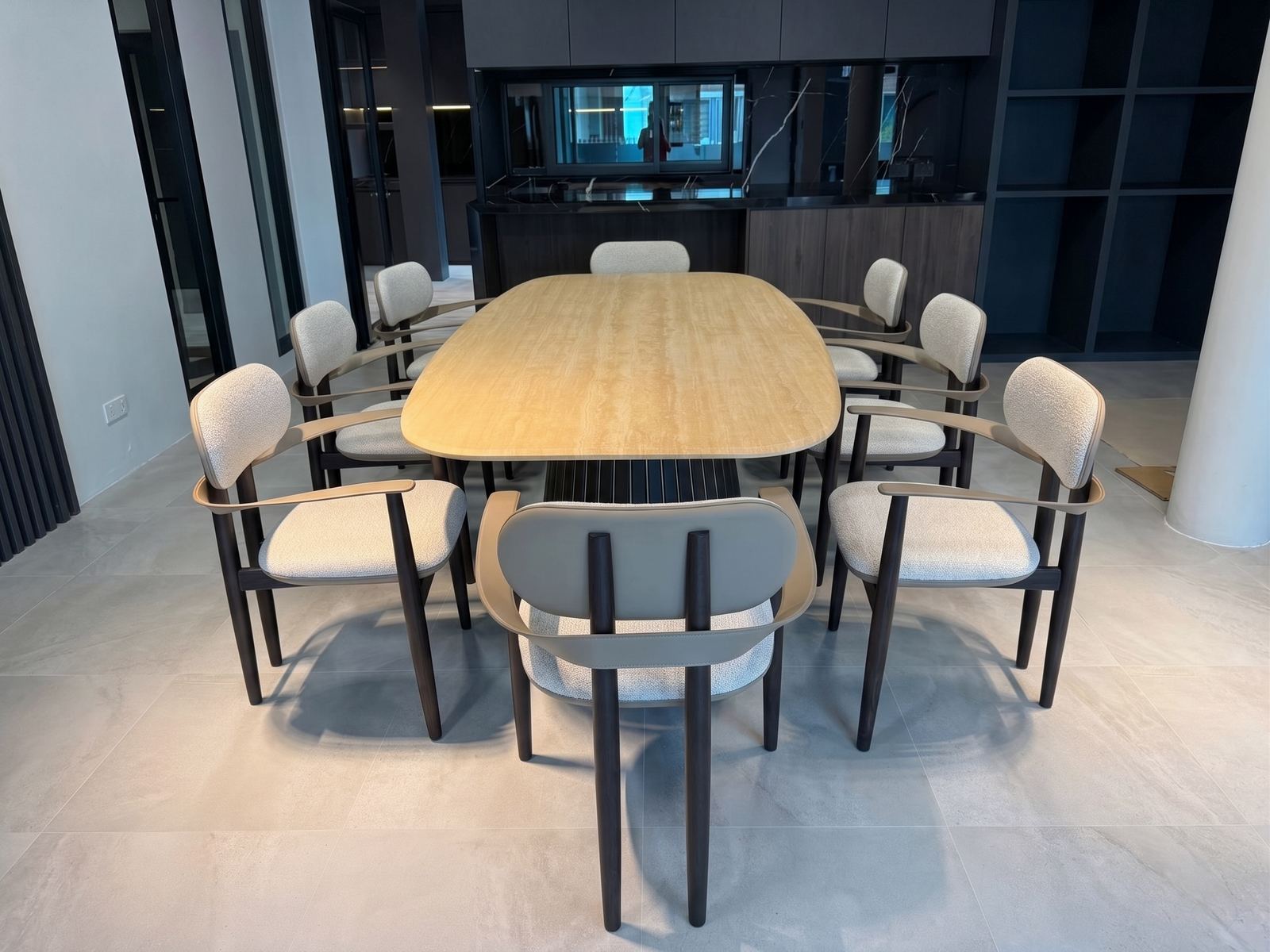 Dining room — travertine table with solid oak armchairs